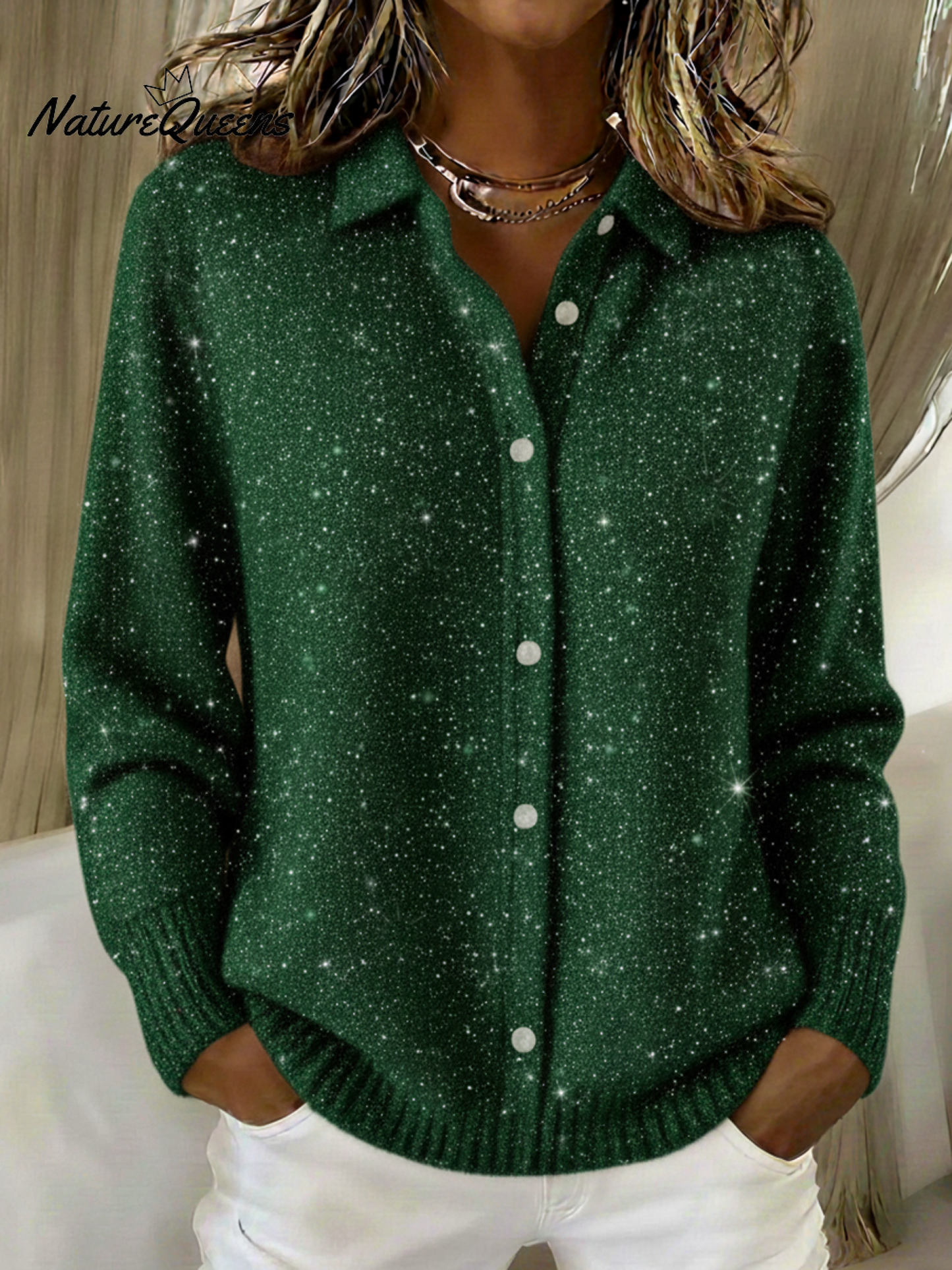 💝💝Women's Christmas Shirt Button Sequin Sparkling Sweater