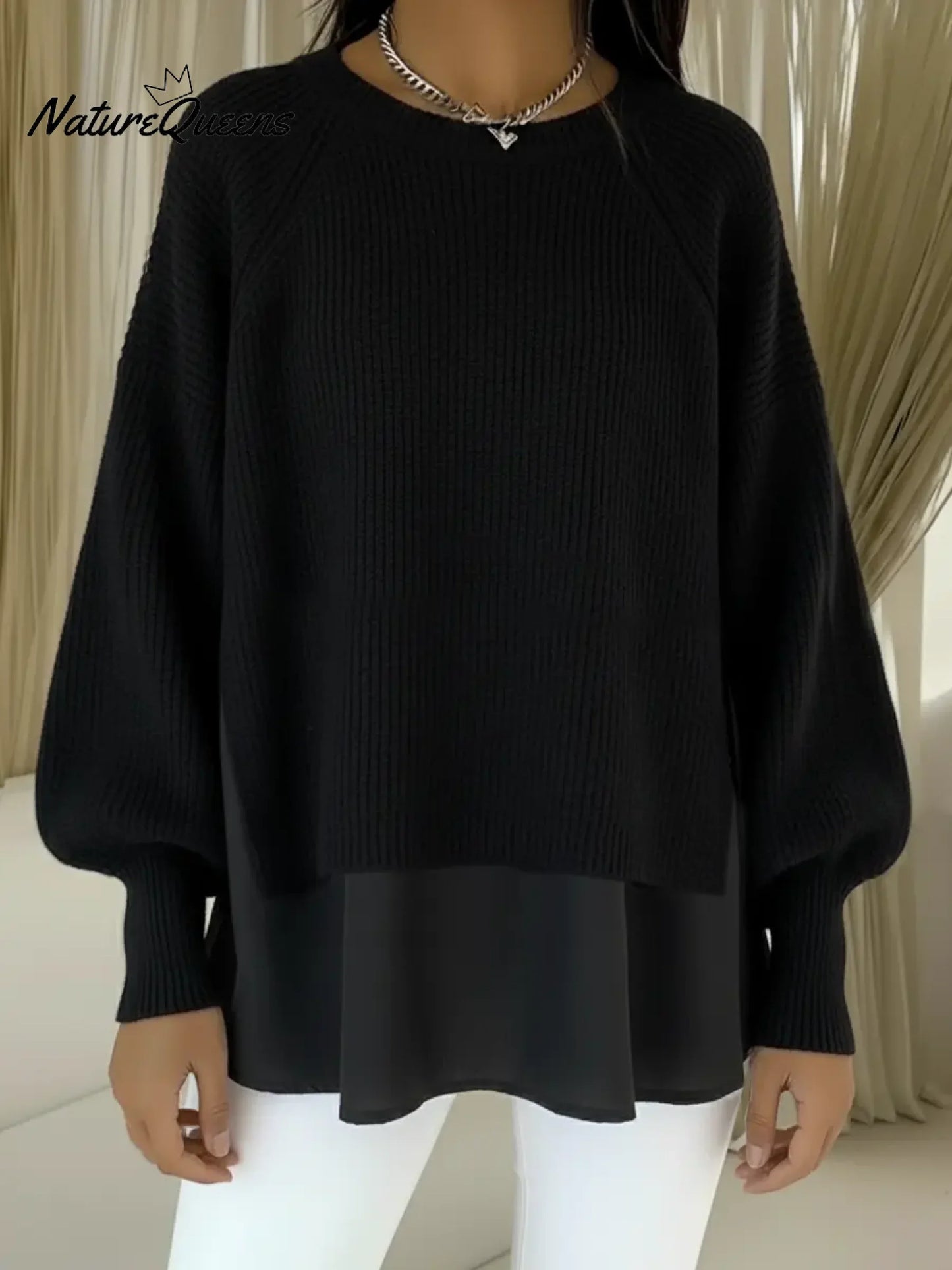 💝💝Women's Comfortable Patchwork Faux Two-piece Lantern Sleeve Sweater