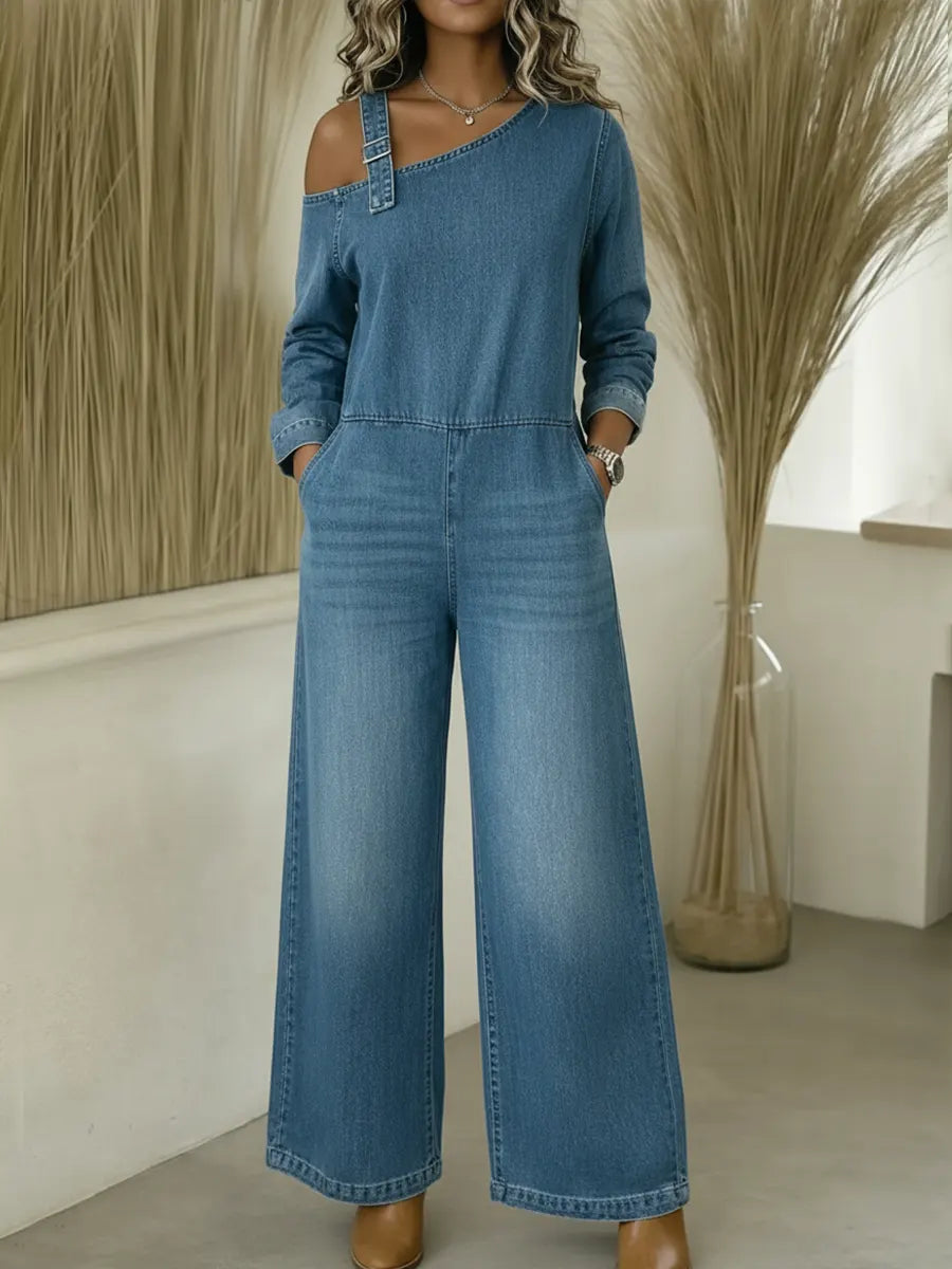 💝💝Women's Fashionable Off-the-shoulder Denim Jumpsuit