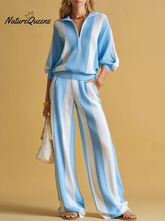💝💝Women's Striped Print Cardigan Collar Three-quarter Sleeve Knitted Top And High-waisted Casual Loose Wide-leg Pants Knitted Set.