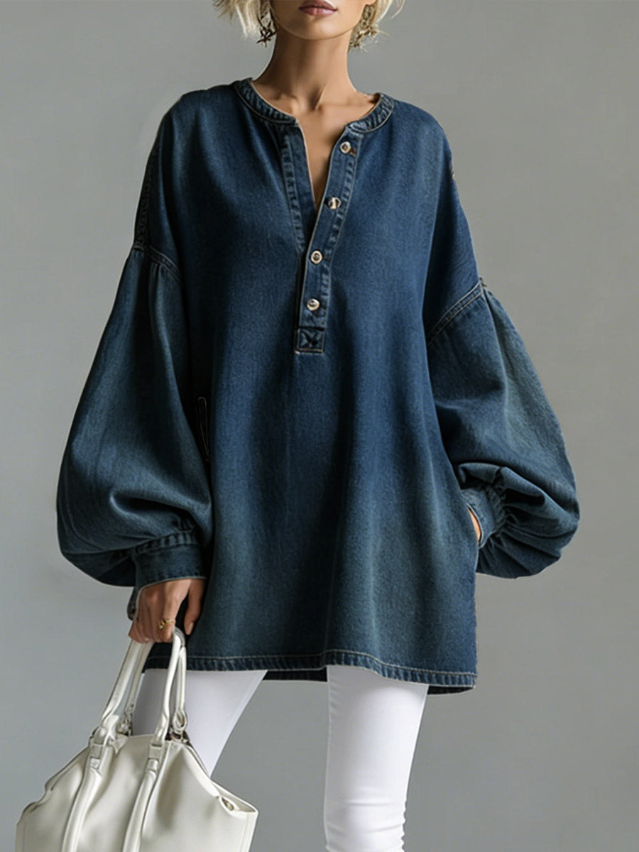 💝💝Women's V-neck Long-sleeved Casual Loose Denim Top