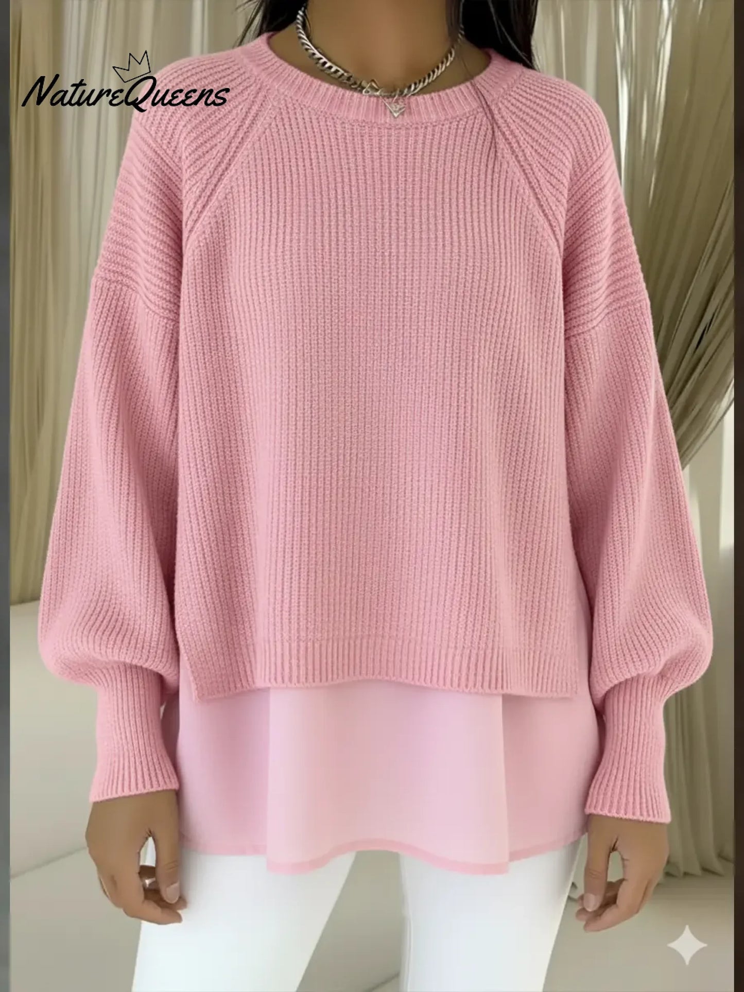 💝💝Women's Comfortable Patchwork Faux Two-piece Lantern Sleeve Sweater