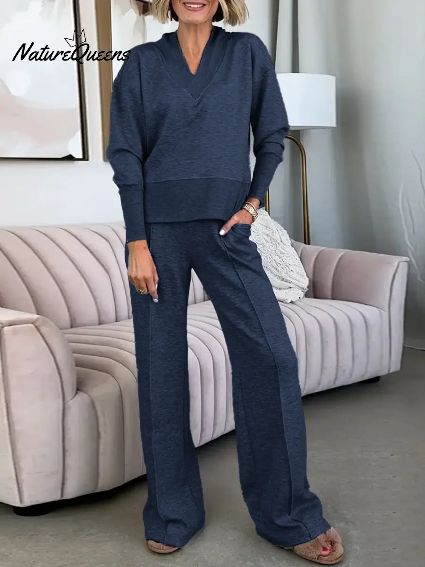 💝💝Women's Solid Color V-Neck Long Sleeve Casual Loose Sweatshirt High Waist Casual Loose Wide Leg Set