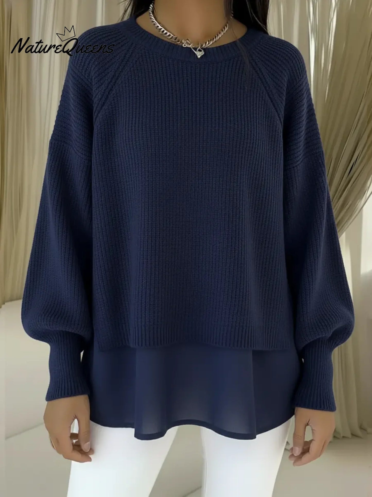 💝💝Women's Comfortable Patchwork Faux Two-piece Lantern Sleeve Sweater