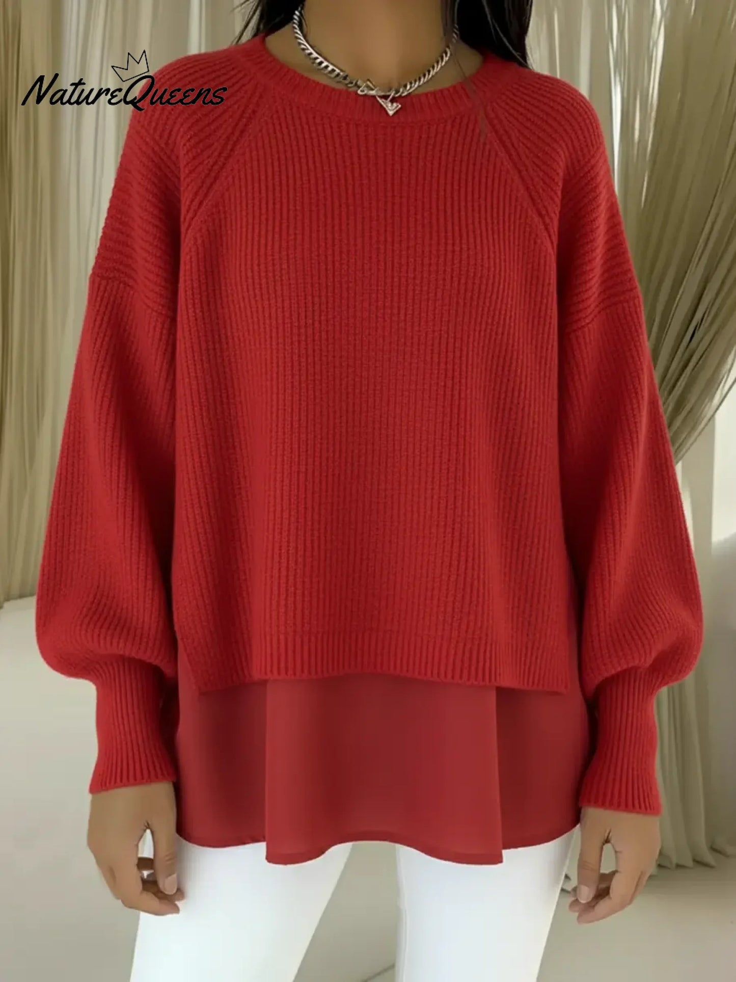 💝💝Women's Comfortable Patchwork Faux Two-piece Lantern Sleeve Sweater