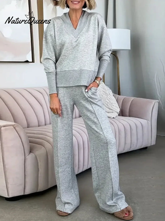 💝💝Women's Solid Color V-Neck Long Sleeve Casual Loose Sweatshirt High Waist Casual Loose Wide Leg Set