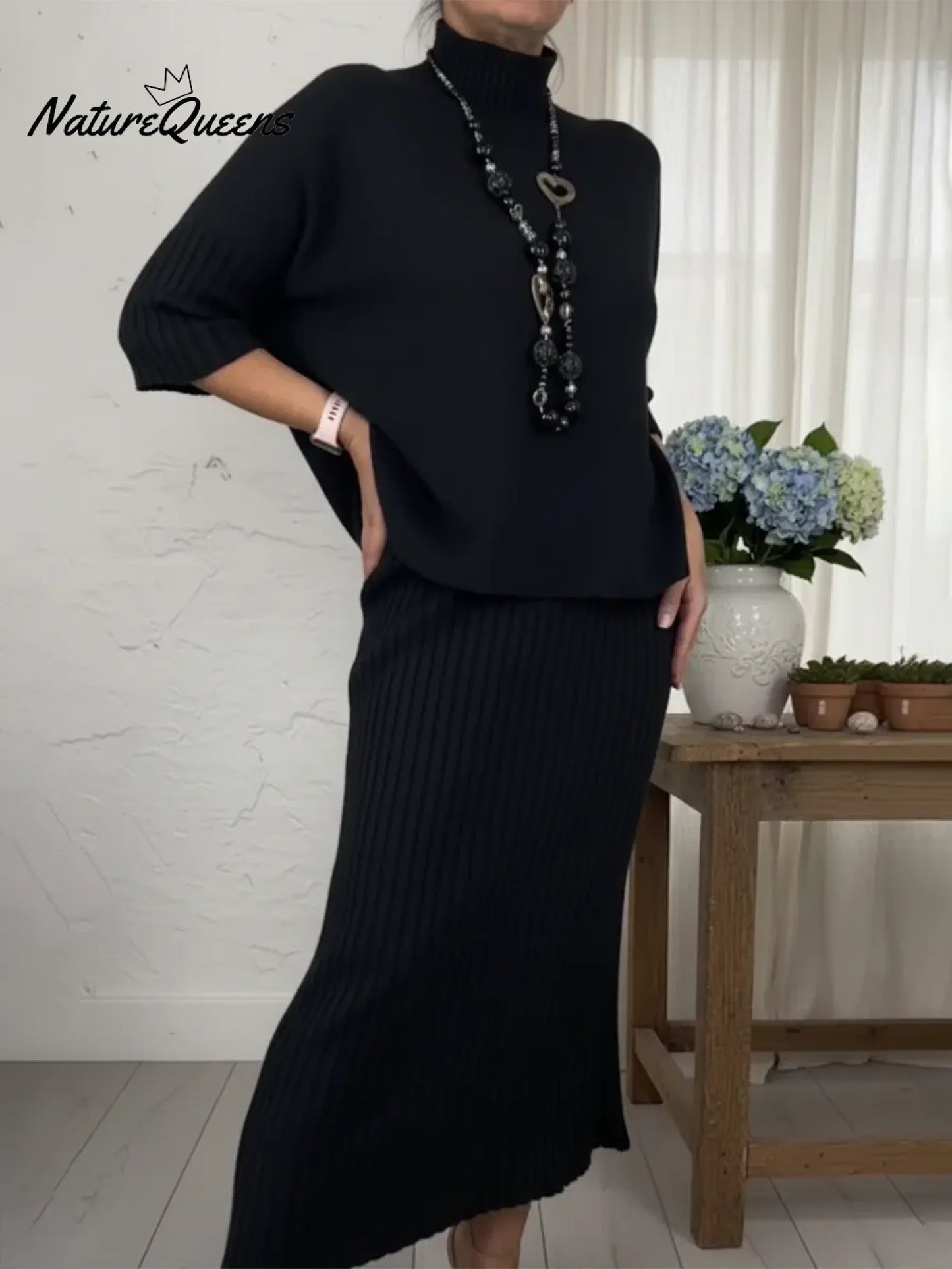 💝💝Elegant Knitted Turtleneck Sweater And Skirt Two-piece Set