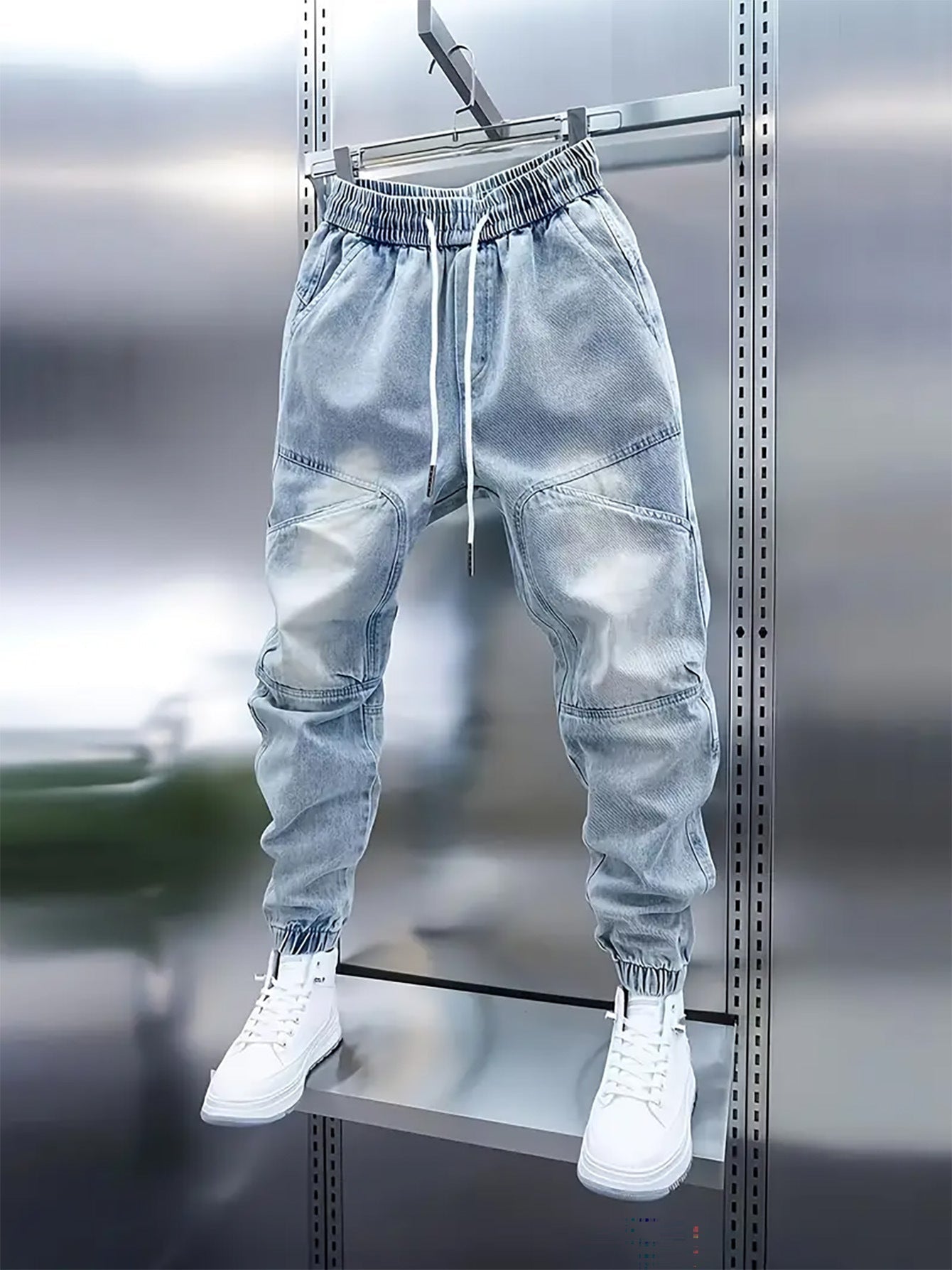 Trendy Men's Patchwork Denim Elastic Waist Jogger Harem Pants