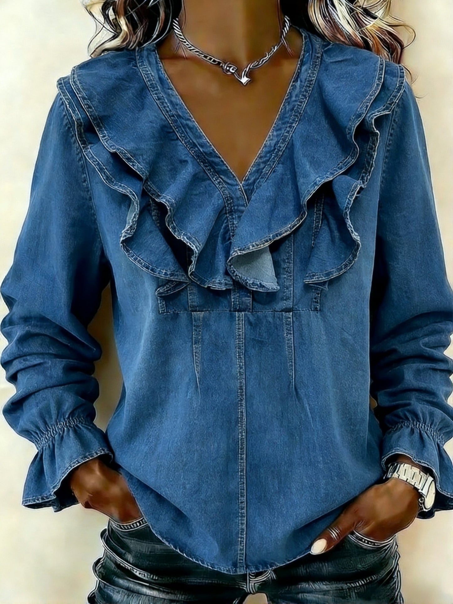 💝💝Women's ruffled collar denim shirt