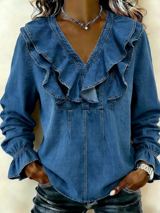 💝💝Women's ruffled collar denim shirt